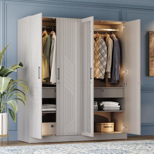 Image of Wakefit Wardrobe for Bedroom | 3 Yr Warranty | Cupboard for Bedroom, Almirah, Wooden Wardrobe, Comes with LED light, Storage Drawer, Mirror & Hanger, Density:680-750kg /m, Free Installation(Tyrian-LG)