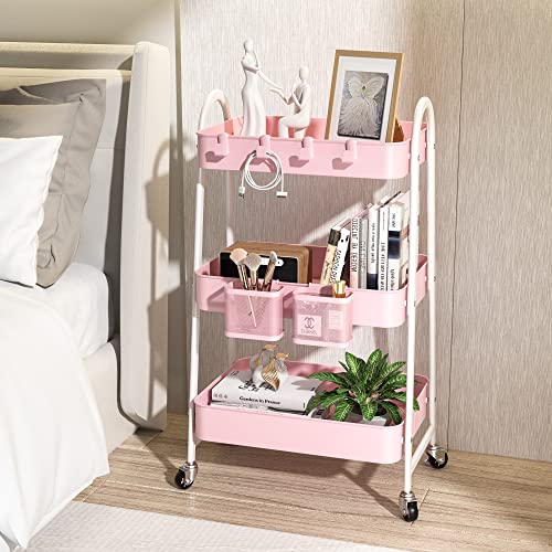 KINGRACK 3 Tier Utility Rolling Cart, Metal Rolling Storage Cart, Craft Art Cart with Handle and Locking Wheels & 2 Hanging Baskets 4 Hooks for Bathroom, Bedroom, Pink - Thumbnail 5