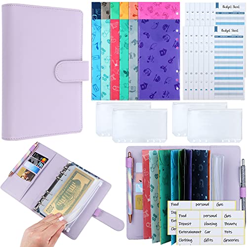 Xgood 31 Pcs Budget Organizer Binder PU Leather Cash Envelope System Sets, 12 Pcs Budget Money Envelopes, 12 Expense Budget Sheets, 4 A6 PVC Bags and 24 Blank Labels for Money Planner, Purple