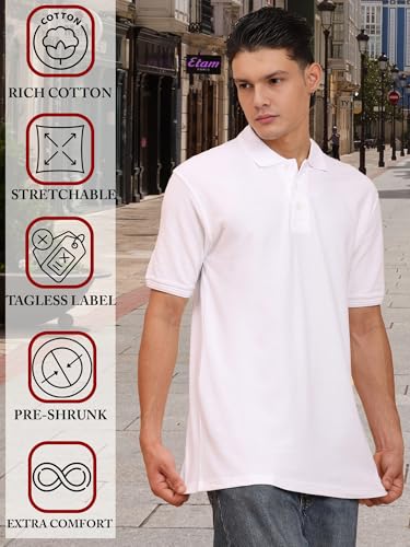 Image of Men's 100% Cotton Polo T-Shirt - Solid Plain Short Sleeve Tee with Classic Collar for Everyday Casual & Smart Wear