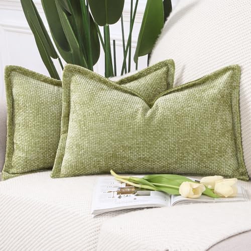 Image of MADIZZ Decorative Chenille Velvet Throw Pillow Covers Set of 2 Soft Boho Textured Neutral Couch Throw Pillow for Bed Modern Farmhouse Home Decor for Sofa Livingroom Light Green 12x20 Inch