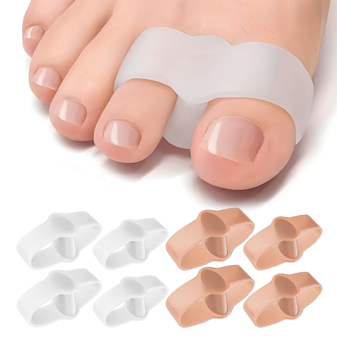 8 manicotti unisex per alluce valgo (due paia di alluci e due paia di mignoli) per prevenire il dolore all'alluce valgo, correggere le dita dei piedi e le dita a martello (bianco + tono della pelle)