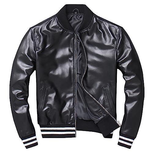 Men's Black Baseball Bomber Genuine Sheepskin Smooth Fashion Streetwear Casual Classic Lightweight Varsity Leather Jacket