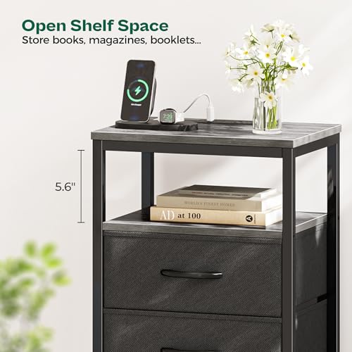 Image of Huuger Night Stand with Charging Station, 4 Drawer Dresser for Bedroom, Bedside Table, 33.5 Inch Tall Nightstand with Open Shelf, End Table, for Closet, Entryway, Bedroooom, Gray
