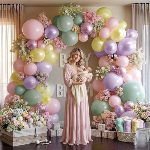Image of Green Pink Balloon Arch Kit Double Stuffed Light Purple Lavender Yellow Pearl Balloon Garland for Wildflower Baby Shower Pastel Birthday Gender Reveal Tea Party Decorations