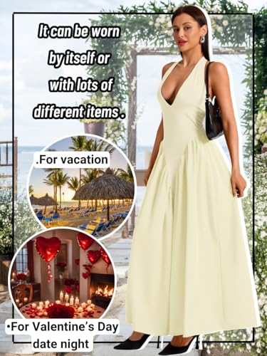 Image of ChiaoLezhee Deep V Neck Dress, Halter Maxi Dresses, Vacation Date Night, Sexy for Women Corset Flowy Wedding Guest Drop Waist
