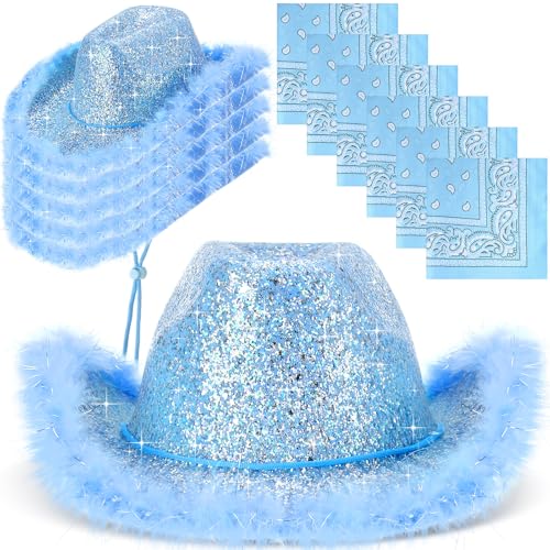 Image of Coume 12 Pcs Sparkly Adults Cowboy Hat and Bandanas Women Men Western Glitter Cowgirl Party Hats with Adjustable Drawstring