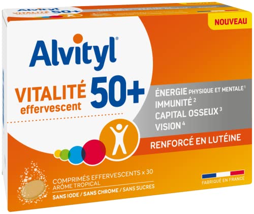 Alvityl - Vitalité 50 + Comprimés effervescents, goût tropical - 12 vitamines, 8 minéraux, 2 plantes et lutéine - Dès 50 ans - 30 comprimés effervescents