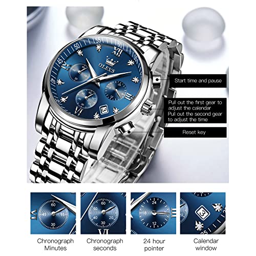 Olevs Men Wrist Watch Quartz Silver Mens Watches Large Blue Face Stainless Steel Watch Diamonds Mens Luminous Watch Calendar Chronograph Watches Fashion Wrist Watches For Men #TOP3