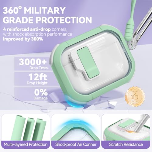 Image of for AirPods Pro 3 Case Clear with Safety Lock, Anti-Yellowing Case with Cleaner & Keychain Compatible with Apple AirPods Pro 3rd Generation 2025 for Women Girly, Shock Protection,Mint Green