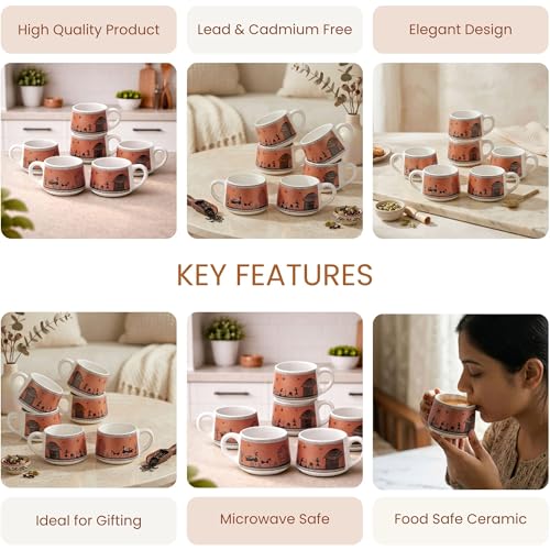 Image of The Earth Store Brown Warli Art Ceramic Tea Cup Set of 6 for Tea | 140ML Each | Microwave & Dishwasher Safe | Perfect for Every Occasion Chai | Coffee Cups for Home, Office, Gifting & Daily Use