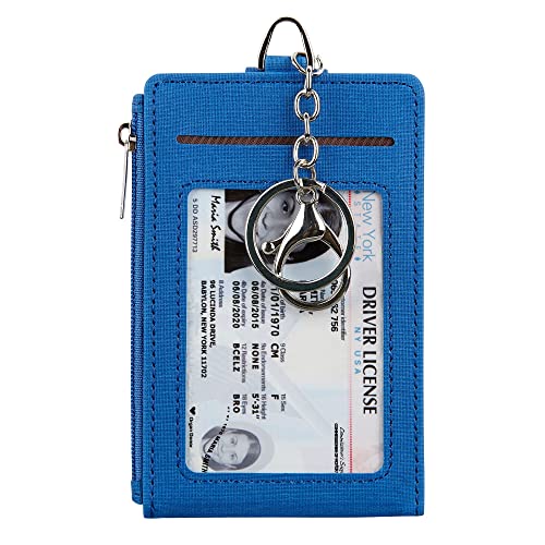 Cynure Women & Men Keychain Card Holder Case Zipper Slim Minimalist Front Pocket Wallet with 2 ID Window, Royal Blue
