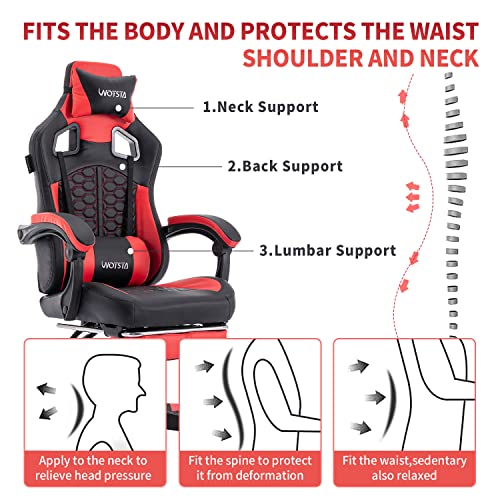 Wotsta Gaming Chair With Massage,Ergonomic Pc Gaming Chair With Footrest Comfortable Headrest Desk Chair Game Chair Pvc Leather,300Lbs (Black Red) #TOP2