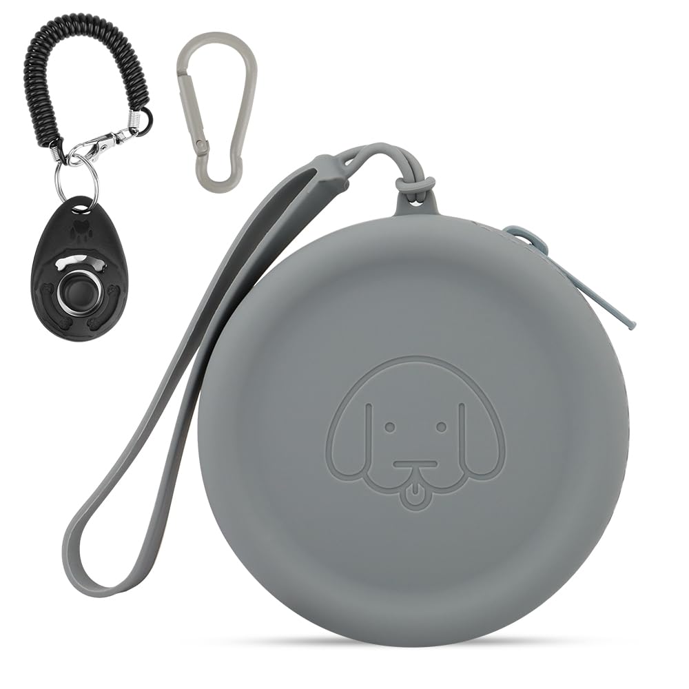 FIDWALL Bolsa de Silicona para golosinas para Perros,con clicker para Perros,Caminar para Mascotas para Perros y Gatos,tamaño de Bolsillo,fácil de Limpiar,diseño de Cremallera(Gris Oscuro)