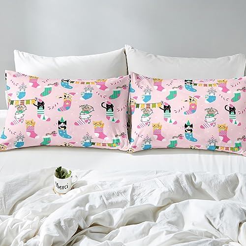 Pink Christmas Bedding Set Kids Cute Cat Comforter Cover Set for Boys Teens Duvet Cover Socks Pink Bedspread Cover Room Decor Quilt Cover Double - Image 4