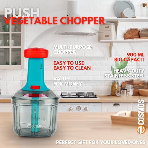 Image of E-COSMOS 2 in 1 Food Chopper Manual Hand Press Push Chopper with 4 Blades for Effortless Chopping Vegetables & Fruits with Mixi Blade for Lassi /Butter Milk (900 ml, Plastic)