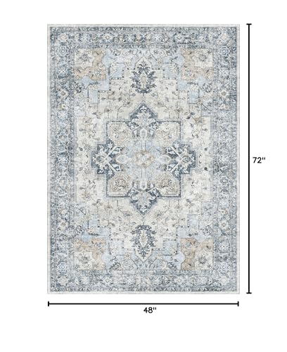 GENIMO 4x6 Area Rugs for Living Room, Machine Washable Rug, Non Slip Vintage Rugs, Low Pile Lightweight Chenille Print Rug for Bedroom, Dining Room, Home Office, Blue
