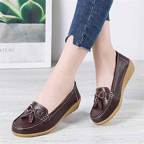 Image of Women Loafers Leather Rubber Sole Slip On Walking Flats Casual Moccasin Boat Shoes