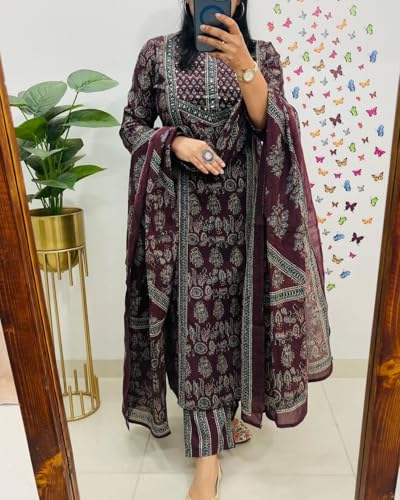 Image of krisjan|Women's Pure Cotton Printed with Handwork Kurta with Pants and Dupatta Set | Ethnic Set | Suit Set | Kurta Set | Wedding Suit Set