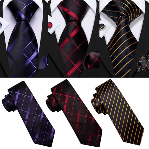 Image of Barry.Wang 6 PCS Men Ties Set Silk Business Fashion Woven Necktie Handkerchief Cufflinks Paisley Stripe Wedding Party