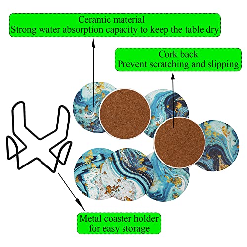Memeyou Funny Marble Coasters Set Drinks Ocean Cute Round Absorbent Ceramic Stone Holder Colorful Heavy Cork Base Coffee Wooden Table Desk Protection Housewarming Gifts Teal Gold #TOP2