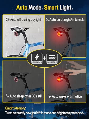 Esaytool Variable Brightness Bike Tail Light, Brake Sensing Bicycle Rear Light, 800 mAh USB-C Rechargeable, 4 Lighting Modes, IPX6 Waterproof, Auto On/Off, Saddle Mount Taillight - image 8