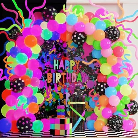 PageebO 154 Pcs UV Neon Luminous Fluorescent Balloon Arch kit for Glow in The Dark Party Supplies Back to 80s 90s Disco Party Rock and Roll Party Decorations Cover