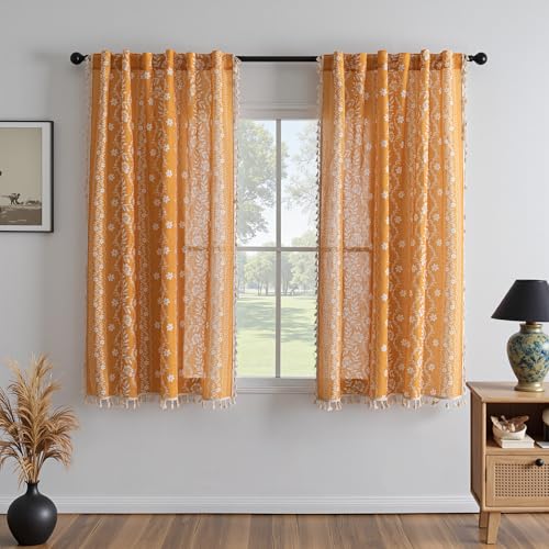 Image of MYSKY HOME Boho Floral Linen Curtains 72 Inch Length for Cafe 2 Panels