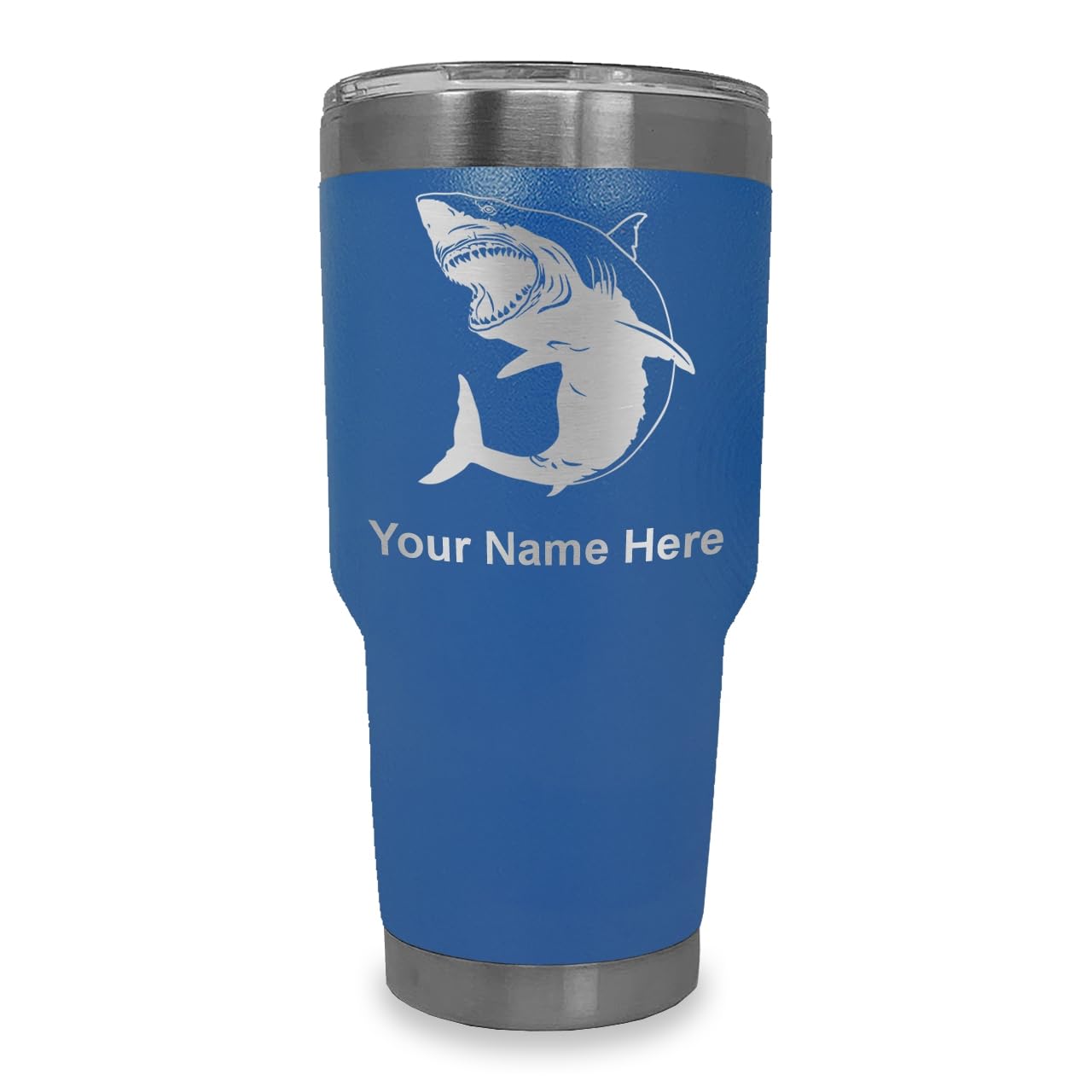 LaserGram 30oz Vacuum Insulated Tumbler Mug, Great White Shark, Personalized Engraving Included (Dark Blue)