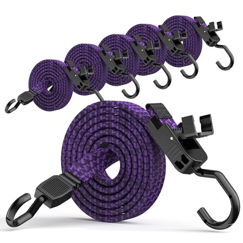 Image of Rugtol Bungee Cords with Hooks, 48 Inch Adjustable Flat Bungee Straps with Quick Release Buckle, Black Purple Heavy Duty Elastic Cords with Metal Hooks for Bike Rack, Camping, Outdoor, Tarp, 6 Pack
