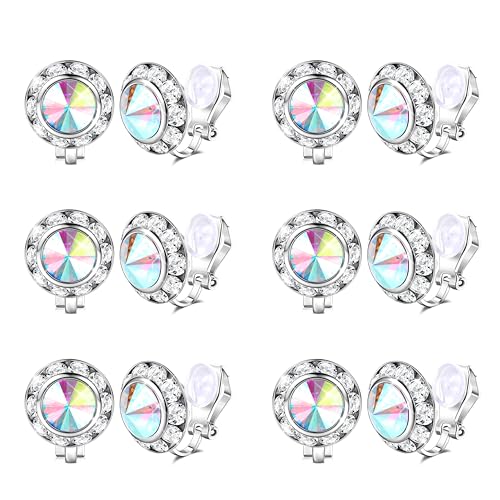 FIBO STEEL 6 Pairs Clip on Halo Earrings Rhinestone Crystal Earrings for Women Round Acrylic Stone Inside Dance Competitions Stage Opera Performance Wedding Party Jewelry Colorful CZ