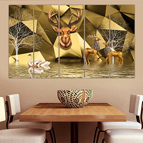 Image of Maxstone Beautiful Goldan Deer Nature Wall Painting Animals Painting Bards, Multiple Panlas Living Room,Bedroom,Office Big Size Wall Painting Set Of-5 (30x60 inch) M1256