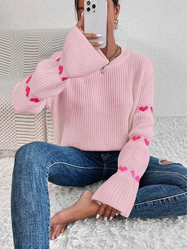 Image of Women's Casual Heart Cute Sweater Round Neck Drop Shoulder Long Sleeve Knitted Pullover Sweater Top