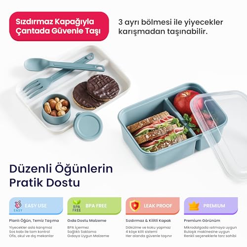 Hobby Life Lunch To Go 3 Bölmeli Beslenme Kabı – Sosluklu, Sızdırmaz Kapak, BPA İçermez, 920 ml + 40 ml (Gri)