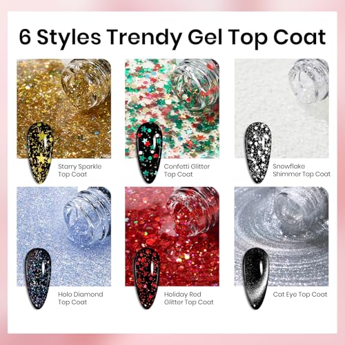 Image of Beetles Glitter Gel Top Coat Set, 6Pcs 10ml Sparkle Glitter Cat Eye Top Coat Gel Nail Polish No Wipe Long Lasting Soak Off U V LED Manicure Salon DIY Gifts for Women