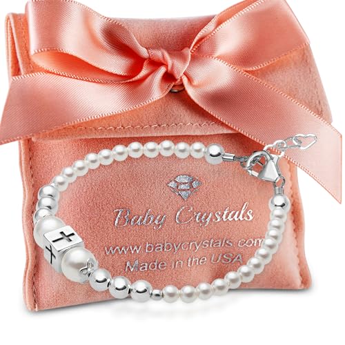 Image of Baby Crystals Personalized Baptism Pearl Bracelet for Girls, White Simulated European Pearls, Sterling Silver Cross Charm Initial Bracelet, Handmade Baptism Gifts for Girl, Girls Jewelry