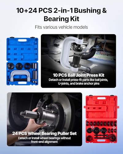 Image of VEVOR 10pcs Ball Joint Press & 24pcs Wheel Bearing Race and Seal Driver Set with 13 Bushings, C-Frame and Sleeves, 2 in 1 Bearing Press Kit, Heavy Duty Removal Installation Set