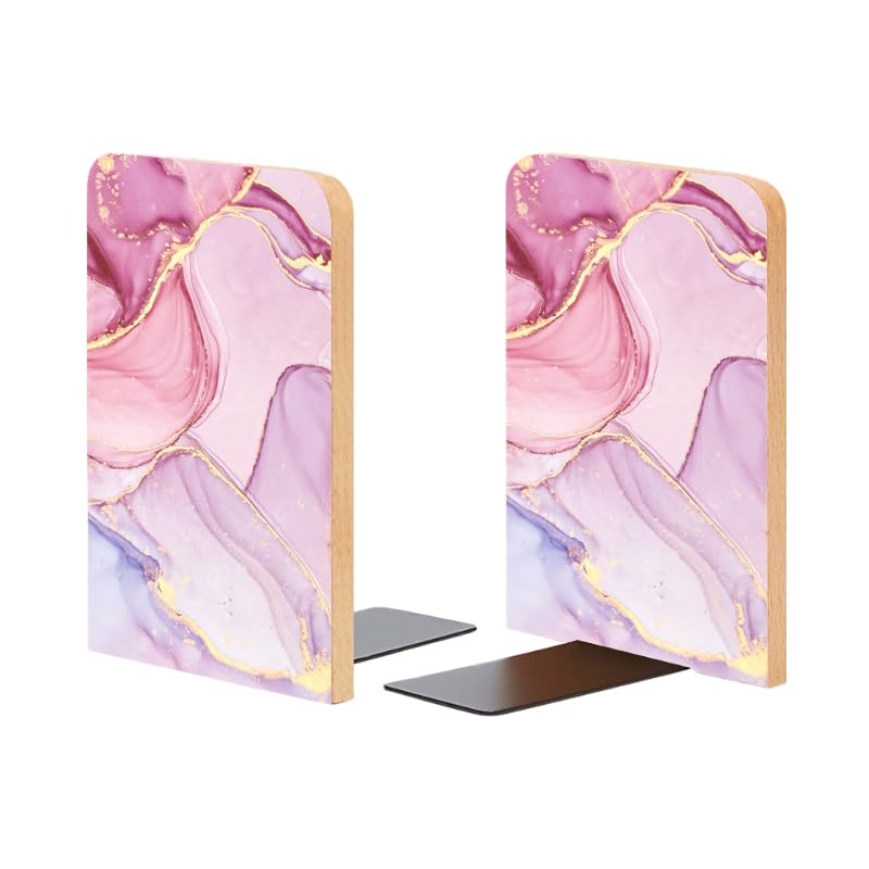 Wood Bookends Non-Slip Bookends Book Stand for Shelves Books/CD - Pink Marble Pattern