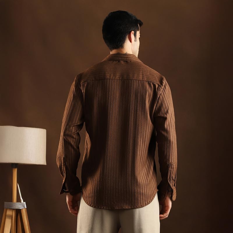 Image of CAHOOT Men Chocolate Brown Ripple Trough Shirt for Casual Wear Mid Rise Regular Fit Button Closure Crafted with Comfort Everyday