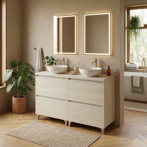 SANIVERRE Meuble Double Vasque L. 120 cm à Poser sur Pied 4 tiroirs Chêne Blanchi Collection Salle de Bain LISBONA - sans Colonne