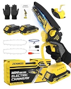 Zenmos Mini Chainsaw Cordless 6 in, Cordless Chainsaw with 2x2000mAh Batteries, Electric Wood Saw with Automatic Lubrication, Safety Protection, Cutter for Sawing Brushes, Stocking Stuffers Men Dad