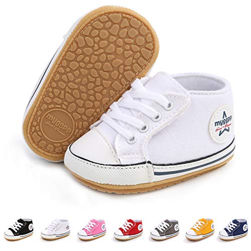 BEBARFER Baby Boys Girls Shoes Infant Canvas Sneakers Anti-Slip Sole Adjustable Hook and Loop Newborn Toddler First Walker Crib Shoes(0-6 Months Infant I/White)
