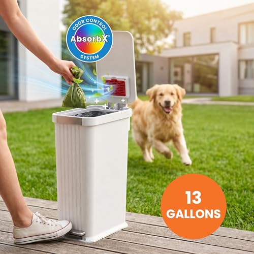 Image of iTouchless 13.2 Gallon / 50 Liter Dog Poop Trash Can with Lid & AbsorbX Odor Filter, Indoor & Outdoor Rust-Proof Pet Waste Bin, Soft-Close Step Pedal, Large Capacity Recycle Bin, Matte White