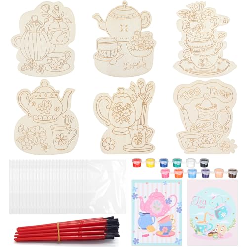 Chunful 24 Sets Tea Time Party Favors Wooden Tea Painting Crafts Kits for Kids DIY Floral Teapot Paint Arts and Crafts Gifts for Birthday Baby Shower Wedding Party Favors Classroom Art Project