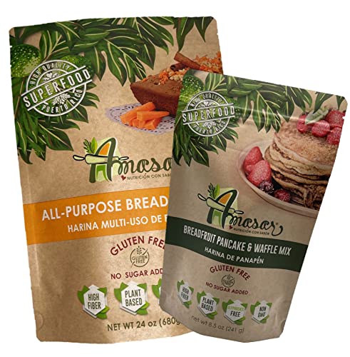 Combo: Breadfruit Pancake and Amasar | Combo: Breadfruit Pancake and Waffle Mix | All Purpose Baking Mix | Gluten-Free Non-GMO High-Fiber No Sugar Added Preservative-Free | Plant Based Pancakes Crispy Waffles Muffins | 8.5 Oz per BagMix / All Purpose Baki