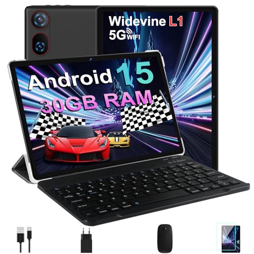 DMOAO Tablet 10 Pulgadas Android 15 con Gemini AI, 30 GB RAM + 2 TB ROM Expansión, 5G WiFi, GPS, Widevine L1, Octa-Core, BT 5.0, 6000mAh, USB-C, FHD Tablet con Teclado+ Ratón + Funda, Negro
