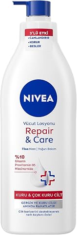 NIVEA Yoğun Nemlendirici Repair & Care Vücut Losyonu 400ml, 72 Saat Nemlendirime, Kaşıntılı ve Hassas Ciltlere Özel, Onarıcı, Gliserin,Pro Vitamin B5,Niasinamid,Kuru Ciltler