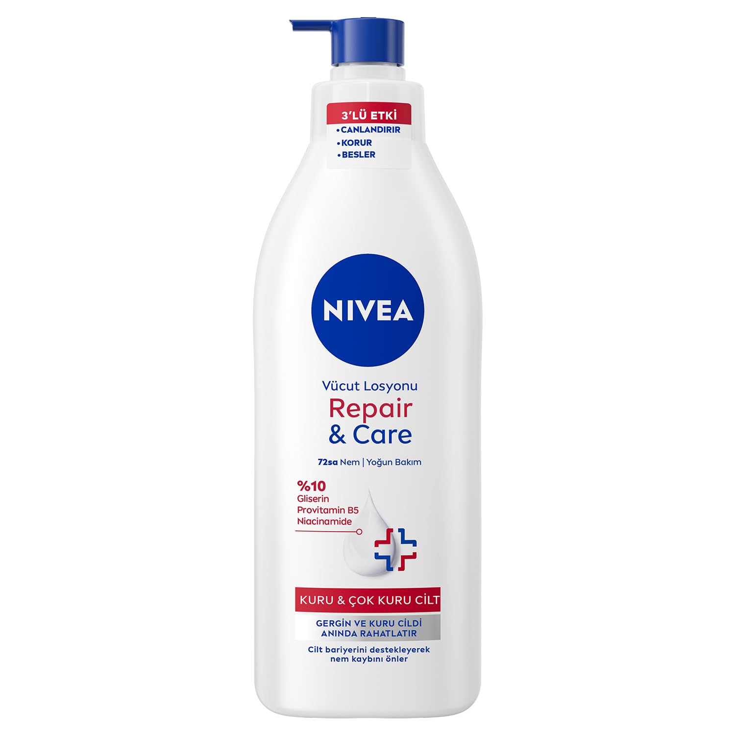 NIVEA Yoğun Nemlendirici Repair & Care Vücut Losyonu 400ml, 72 Saat Nemlendirime, Kaşıntılı ve Hassas Ciltlere Özel, Onarıcı, Gliserin,Pro Vitamin B5,Niasinamid,Kuru Ciltler