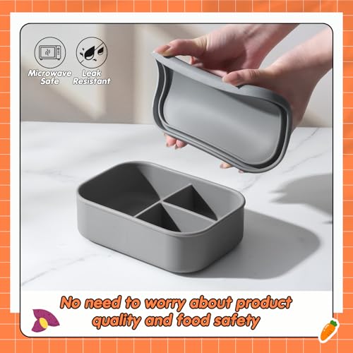 Image of Layhit 1 Pcs Silicone Bento Box for Adults, 27 oz Bento Lunch Container Reusable Food Container for Women Men, Leak Proof Microwave Dishwasher Freezer Safe (3 Compartments,Dark Gray)