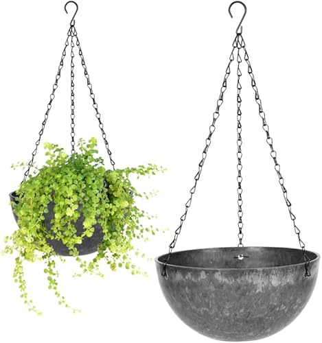 wiwoo Hanging Planters for Indoor Plants, 10 Inch Hanging Basket Flowers Pot with Drainage Hole and Plugs for Outdoor Balcony Patio House Garden Decoration Set of 2, Marble Pattern - Gray